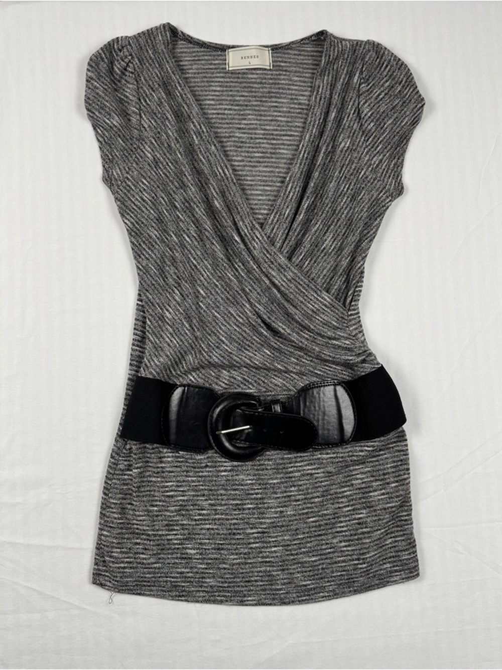 Rennes Gray Wrap Top L Belted Stretch Knit Faux Wrap Blouse Women’s Large